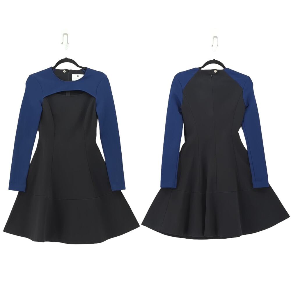 Lisa Perry Women 4 Dress Navy Blue Black Fit Flare Cut Out Tiered Long Sleeve